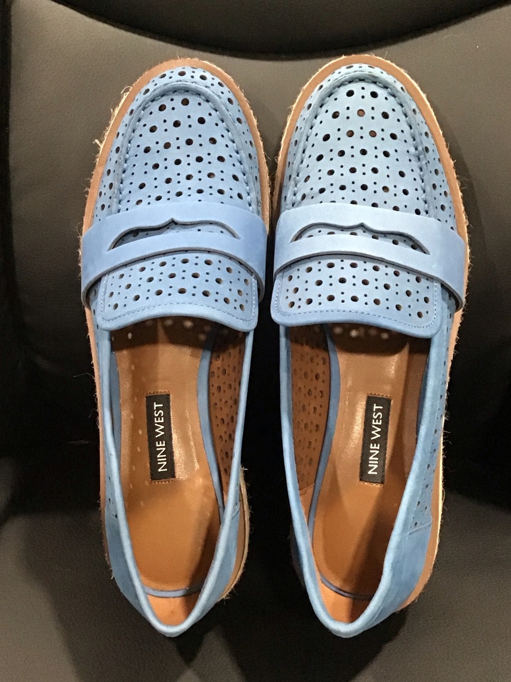 🆕 Nine West Suede Light Blue Woven Trim  Penny Loafers